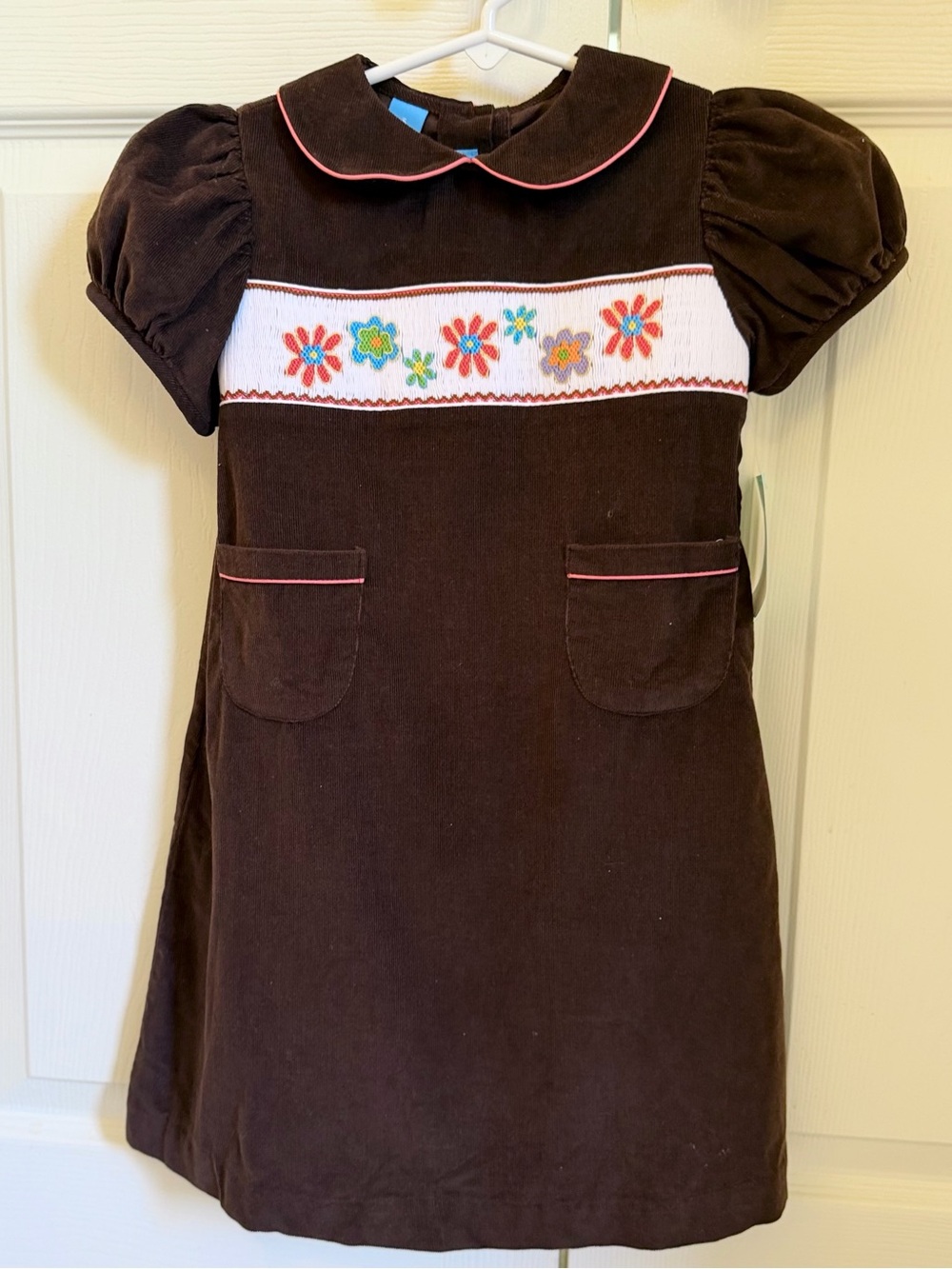 NWT Anavini Girls Brown Corduroy Dress with Embroidered Floral Smocking size 5